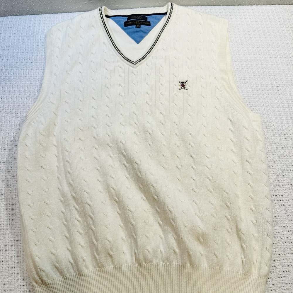 Vintage Tommy Hilfiger Golf Men V Neck Cable Knit Sweater Vest Cream szXL Preppy - Picture 9 of 14